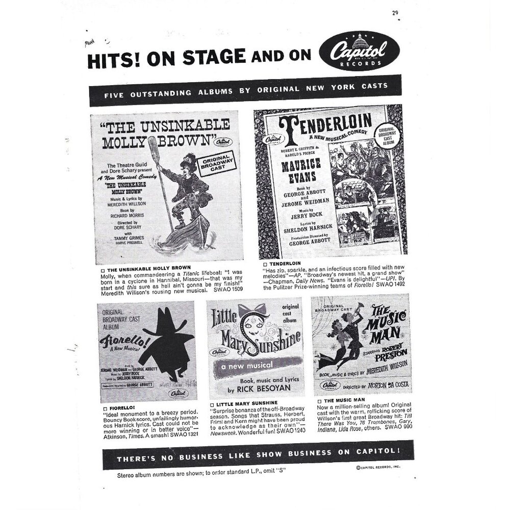 Music Man Molly Brown Original Broadway Cast Album Print Ad 1960s